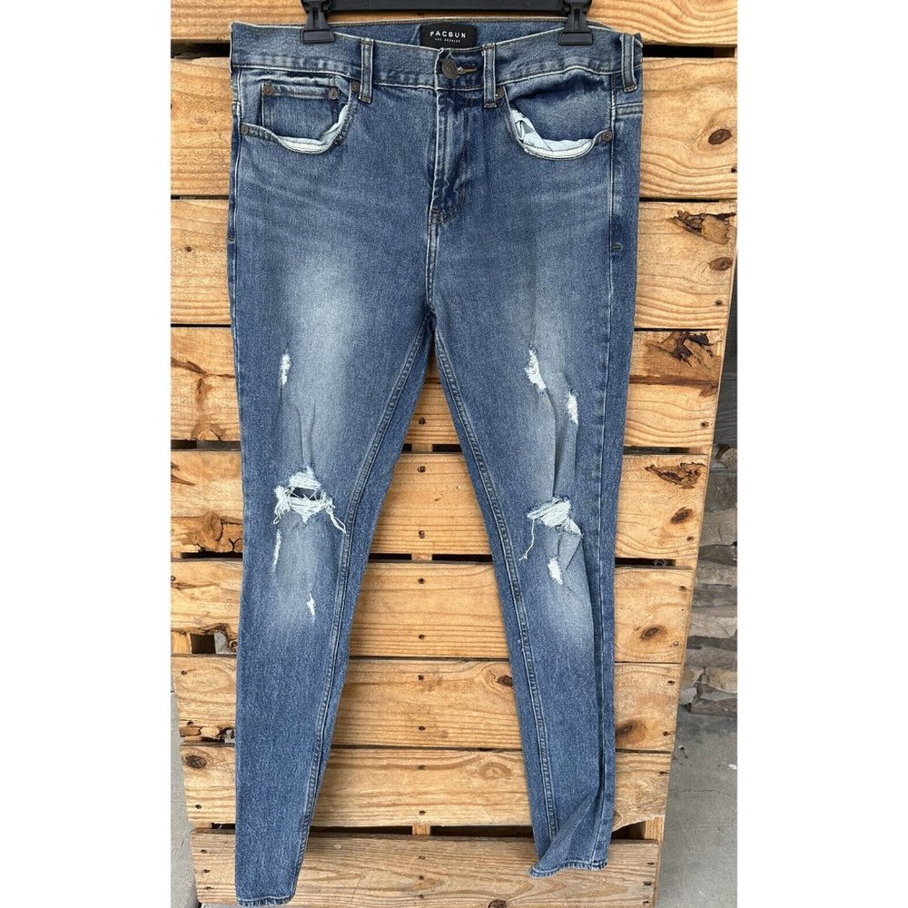 Pacsun Blue Jeans Men's 31" x 32" Stacked Skinny Stretch Cotton Distressed Torn